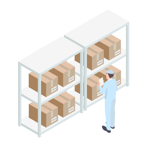 倉庫内で保管作業を行う人物と棚のイラスト