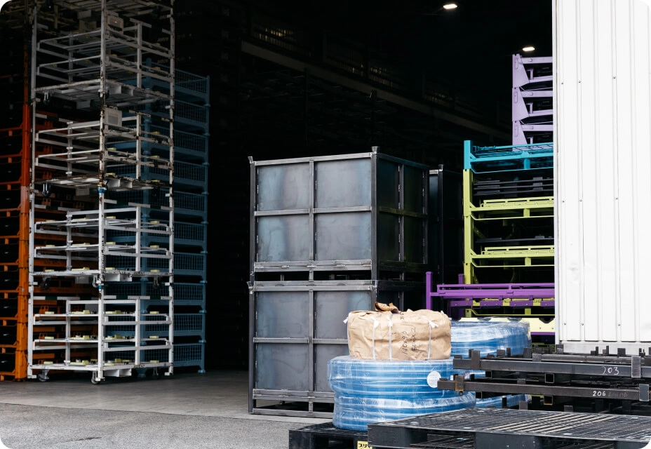 工場内に並べられたパレットと資材の保管エリア